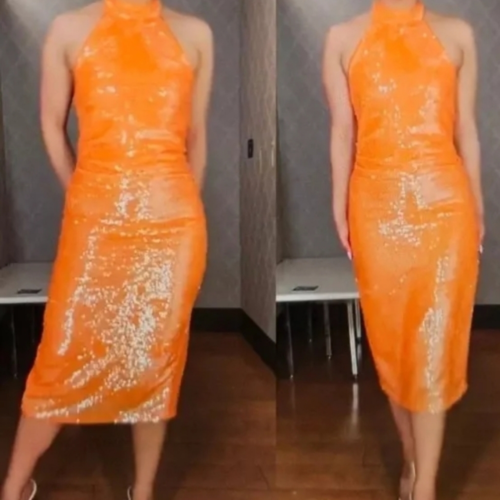 Caroline Constas Orange Sequin Halter Midi Dress